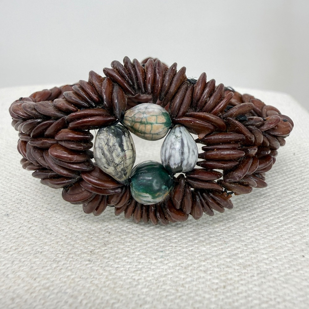 Koa Seed Bracelet Vintage Hawaiian Souvenir Braided Wood Bead Brown Boho 6 Inch